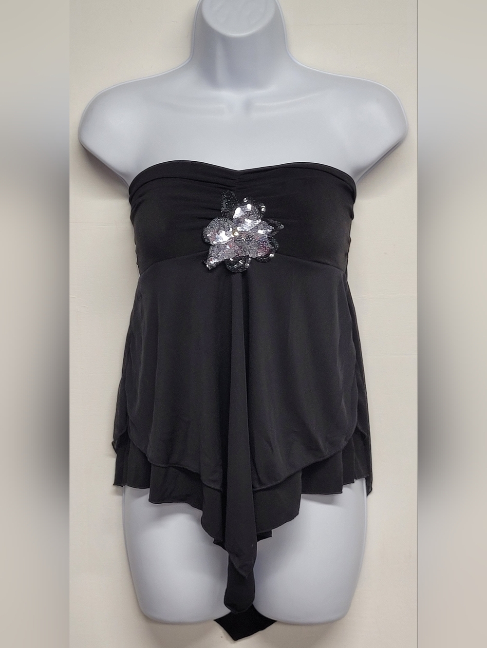 Joyce Leslie L Vintage Tube Top Black Sequins Asymmetrical Black Stretch Knit